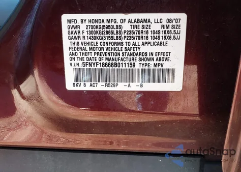 2008 Honda Pilot Ex-L z USA, uszkodzony, nr VIN 5FNYF18668B011159